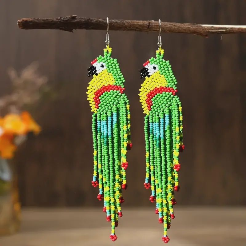 Bohemian Style Handmade Parrot Rice Bead Dangling Earrings