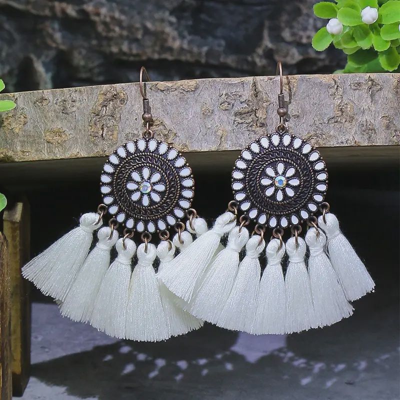 Fan-Shaped Tassels Dangle Earrings w/t Rhinestones, Colour: White