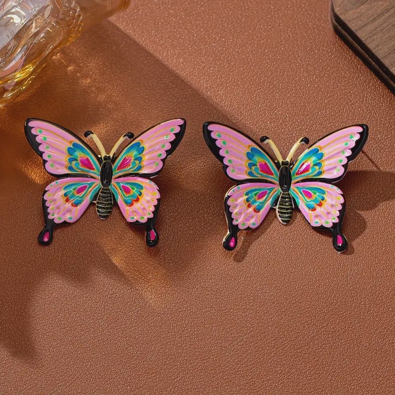 Summer Butterfly Earrings - Vibrant Pink &amp; Blue Design w/t Golden Accents