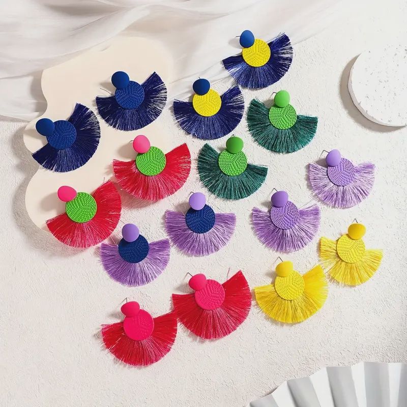 Handmade Boho Geometric Fan Dangling Tassel Earrings