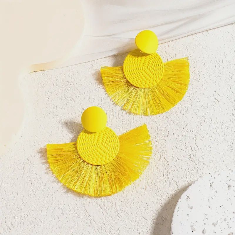 Handmade Boho Geometric Fan Dangling Tassel Earrings, Colour: Yellow