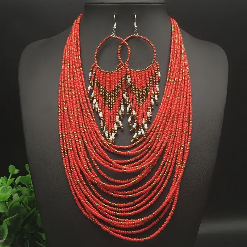 Bohemian Multi-Strand Beaded Necklace &amp; Earrings Set