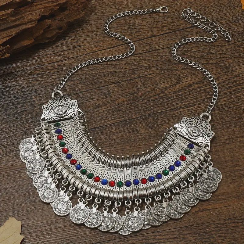 Carved Pattern Round Sheets Tassel Colorful Shiny Rhinestone Inlaid Necklace Bohemian Retro Style
