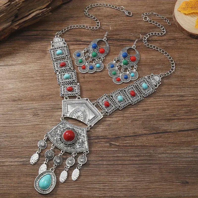 Ethnic Style Gemstone Tassel Necklace W/T Two Earrings
