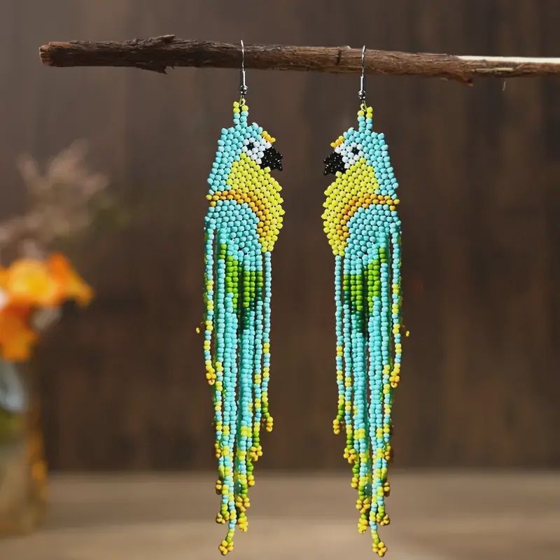 Bohemian Style Handmade Parrot Rice Bead Dangling Earrings