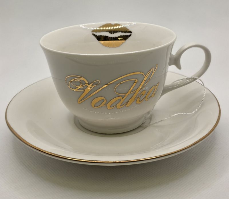 White Cup &amp; Saucer Gold Message