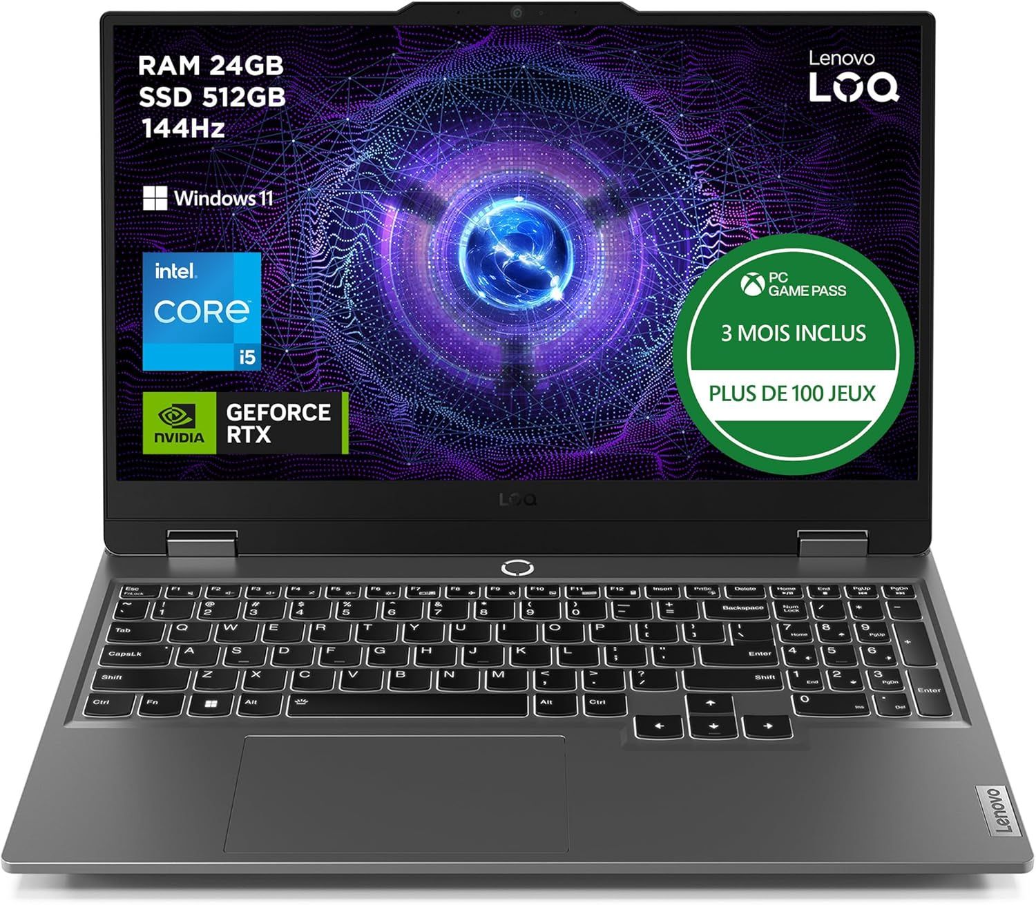 Lenovo LOQ 15IAX9 - Ordinateur Portable Gaming 15.6&#39;&#39; FHD 144Hz (Intel Core i5-12450HX, RAM 2x12Go, SSD 512Go, NVIDIA RTX 4060 8Go, Windows 11 Home) Clavier rétroéclairé AZERTY - Gris