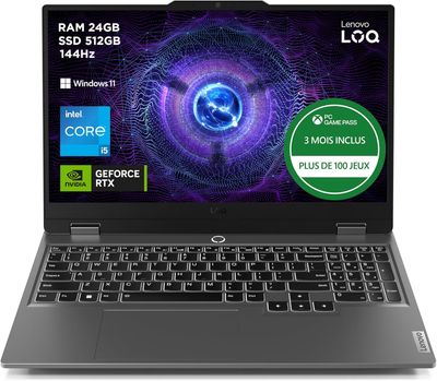 Lenovo LOQ 15IAX9 - Ordinateur Portable Gaming 15.6&#39;&#39; FHD 144Hz (Intel Core i5-12450HX, RAM 2x12Go, SSD 512Go, NVIDIA RTX 4060 8Go, Windows 11 Home) Clavier rétroéclairé AZERTY - Gris
