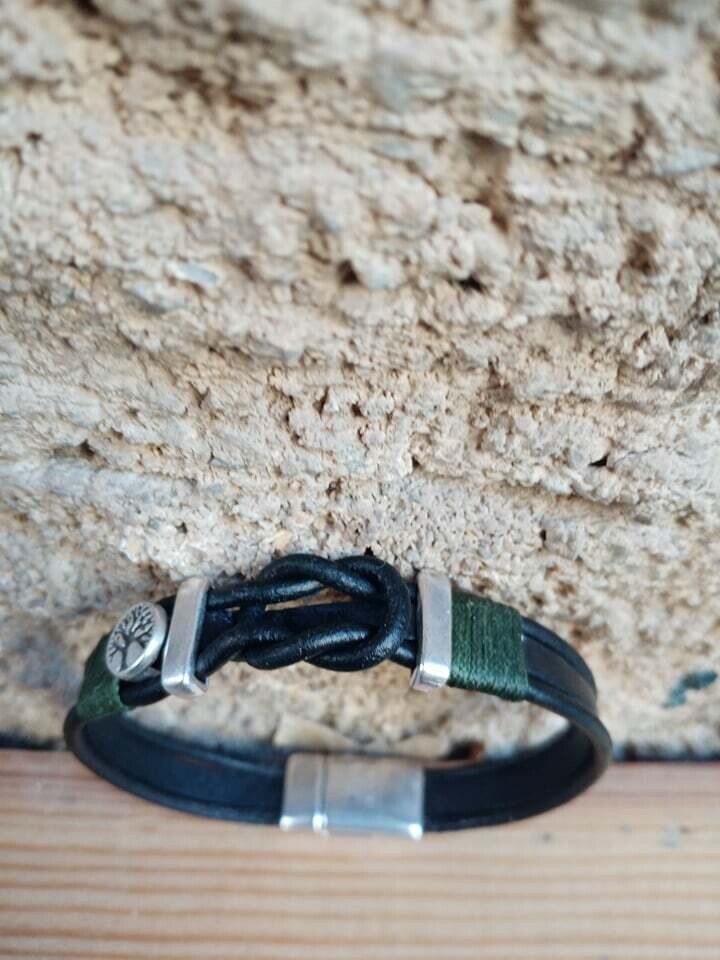 Leather steel bracelet.