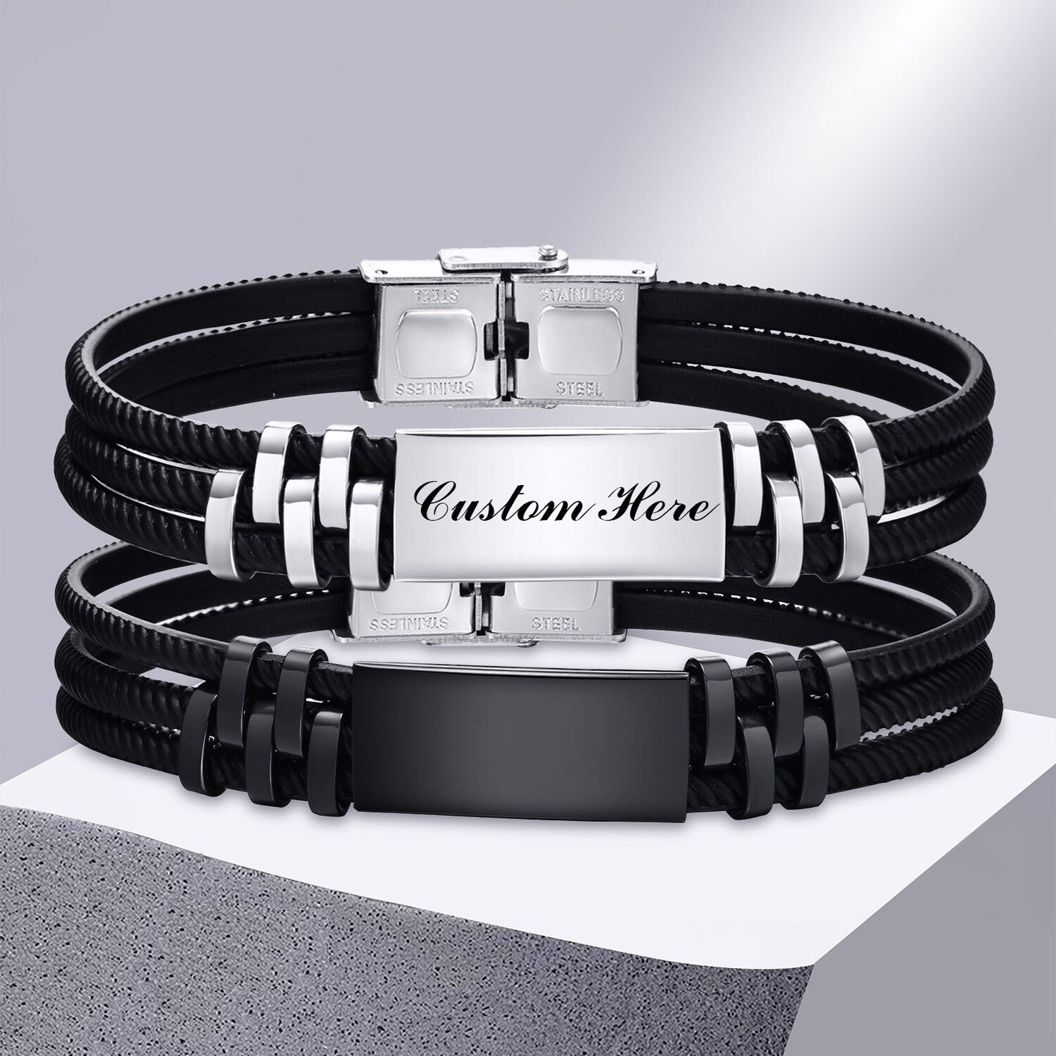 ​Custom Men Leather-Steel Bracelet