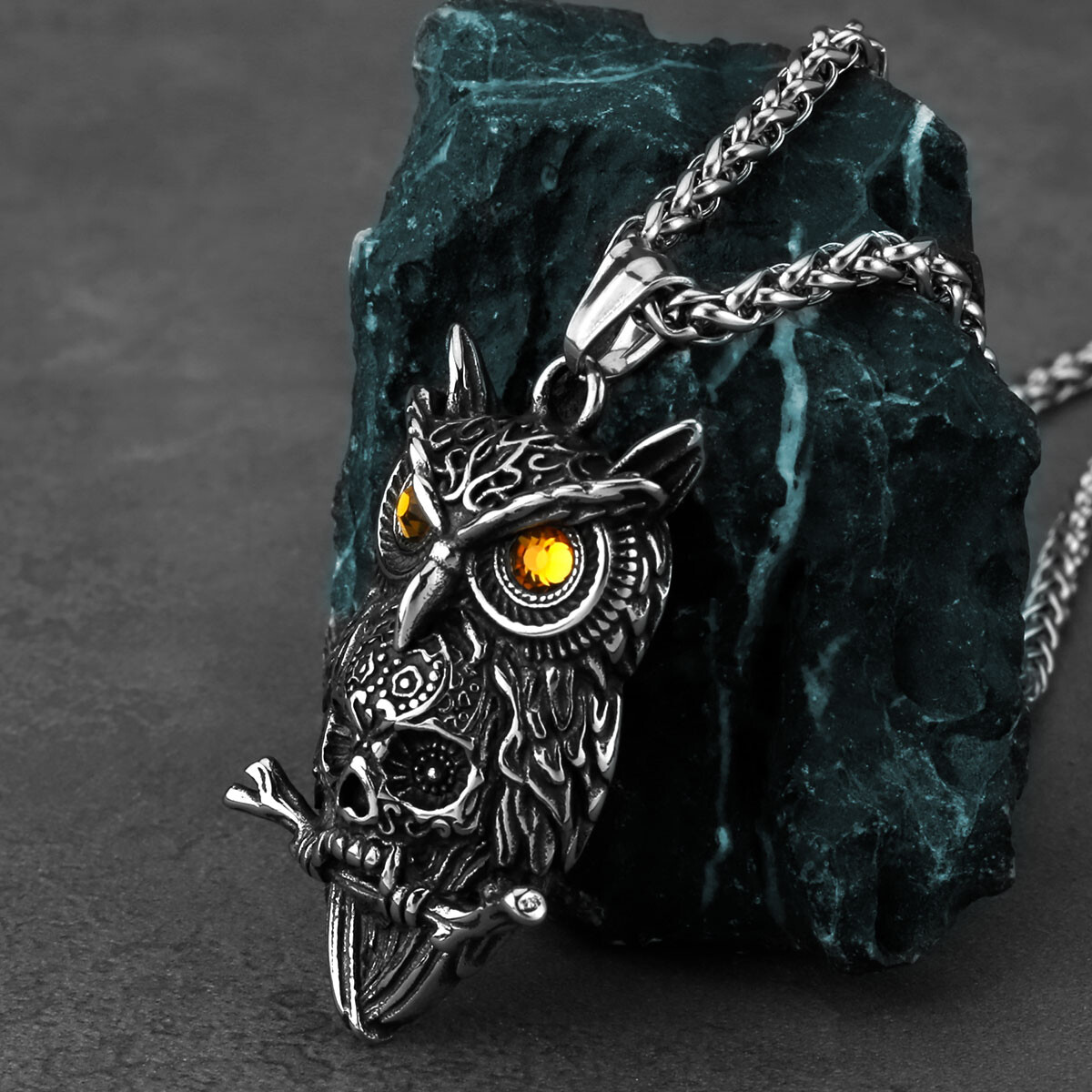 Gothic Owl Skull Viking Necklace