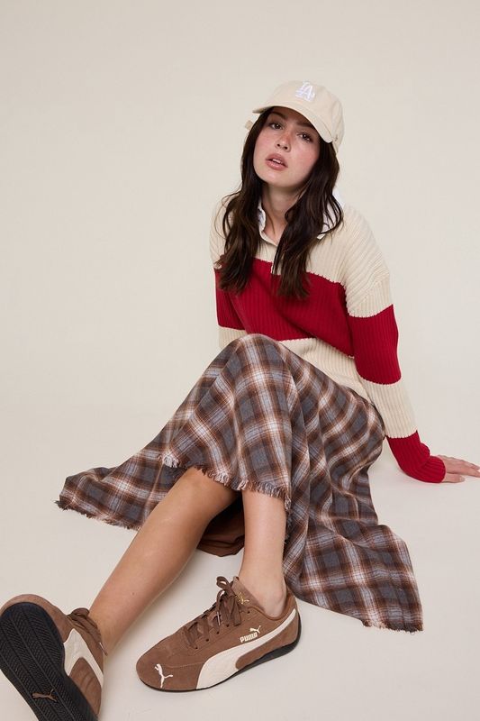 Tartan Checker Fringe Trim Down Long Midi Skirt