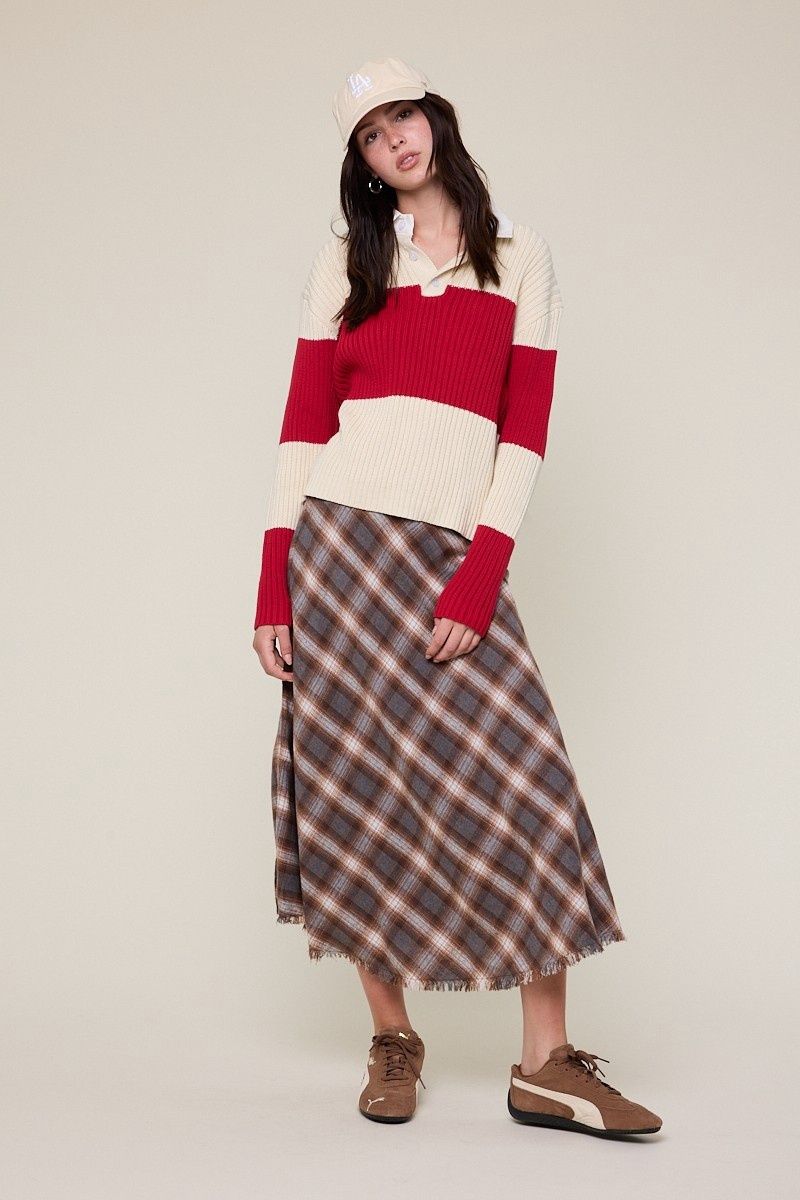 Tartan Checker Fringe Trim Down Long Midi Skirt