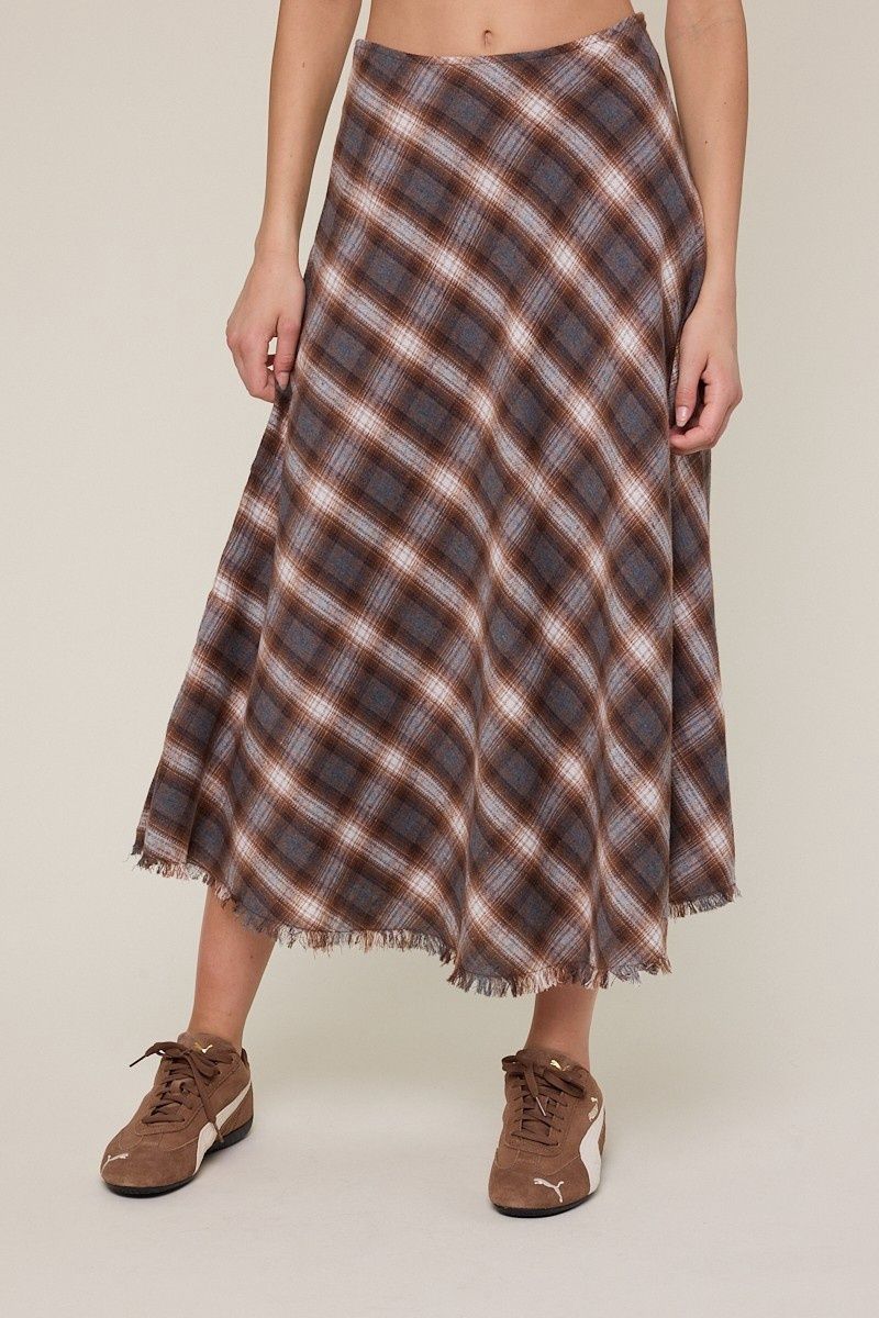 Tartan Checker Fringe Trim Down Long Midi Skirt
