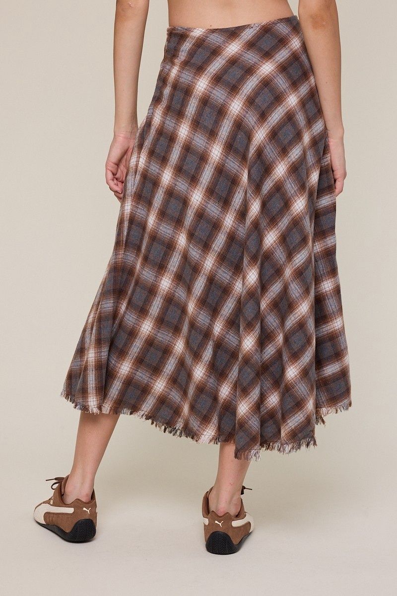 Tartan Checker Fringe Trim Down Long Midi Skirt