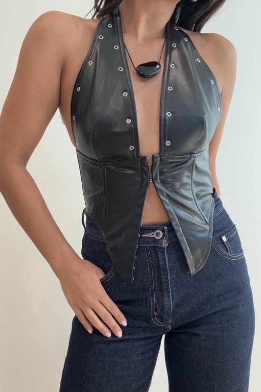 BLACK FAUX  LEATHER  EYELET CORSET  TOP