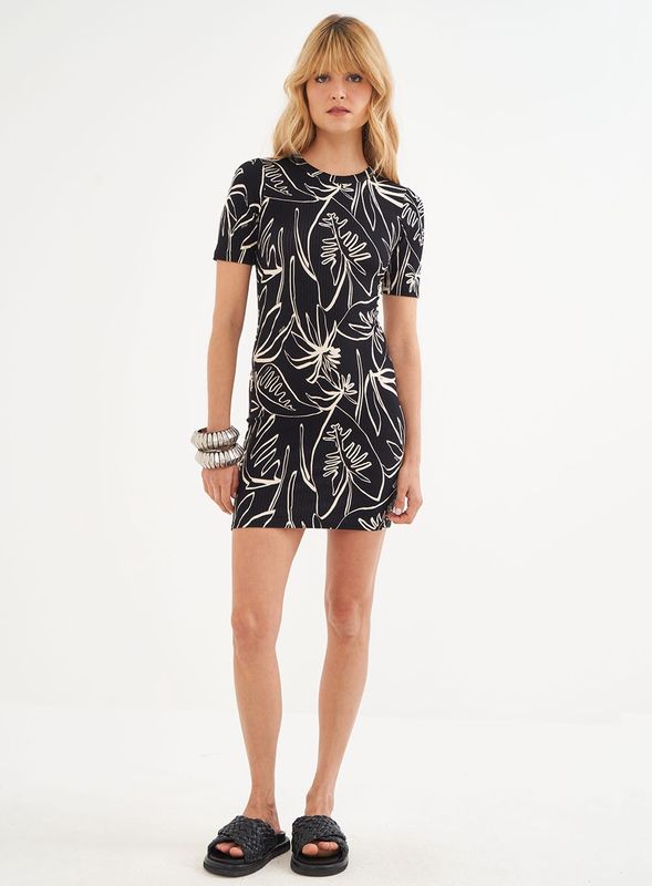 BLACK OFF WHITE TEXTURED FLORAL DRESS