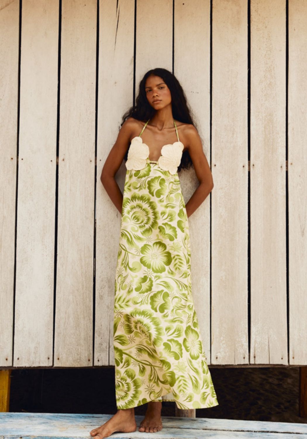 FLOWER BRA ROPE DETAIL LONG DRESS GREEN