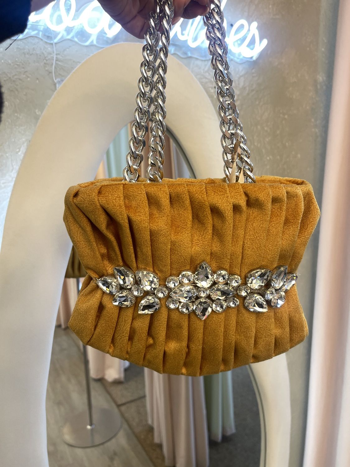 GOLD  VELVET EMBELLISHED BAG, Colour: GOLD