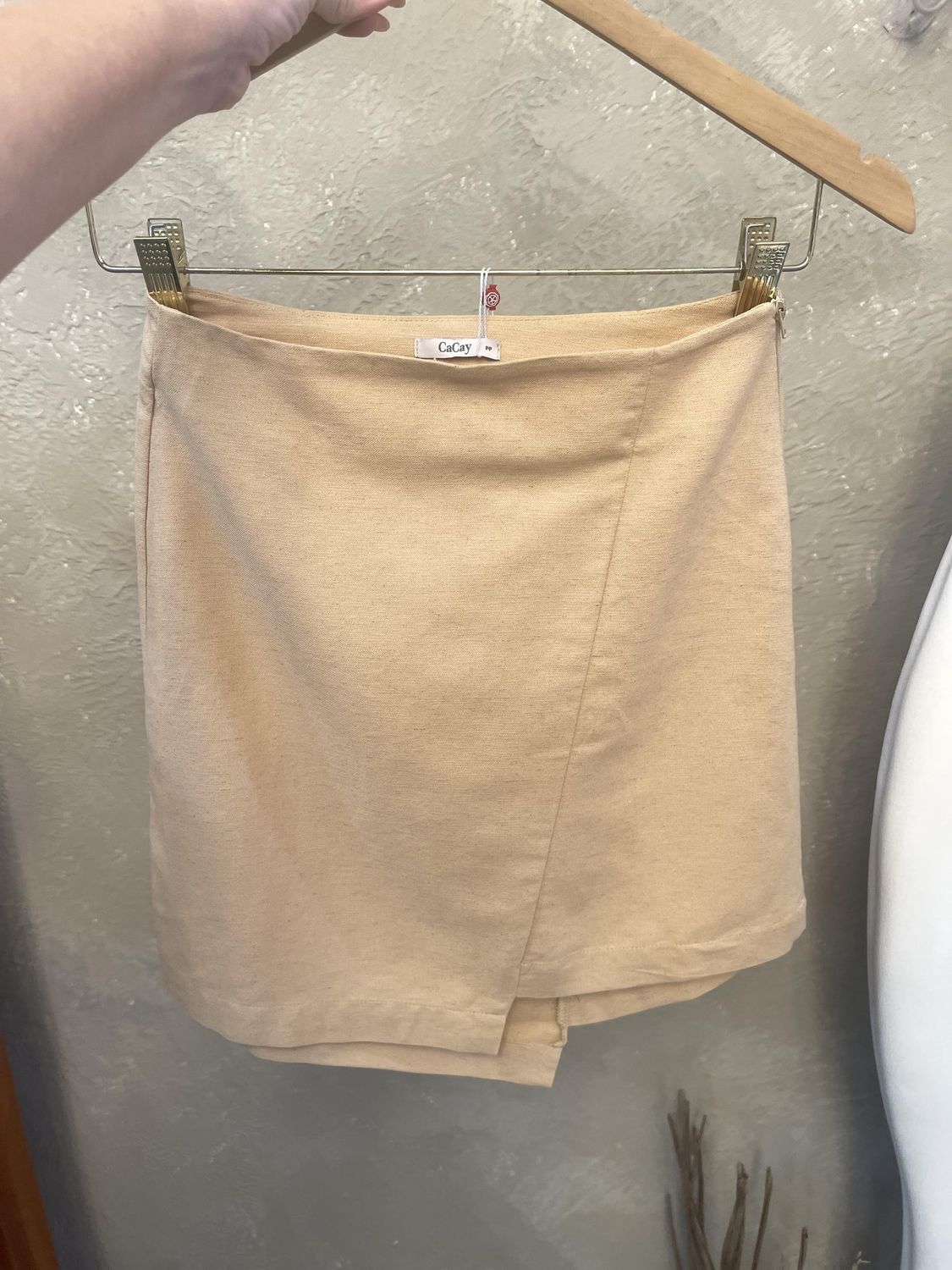 ASYMMETRIC  MINI SKIRT IN SOFT BEIGE Sale $199 tt was $ 690 tt