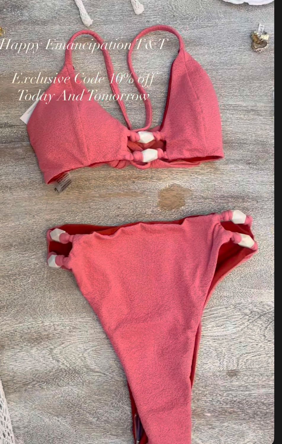 TEXTURED PINK TEA HIGH WAISTED BIKINI SET, Size: M-SET