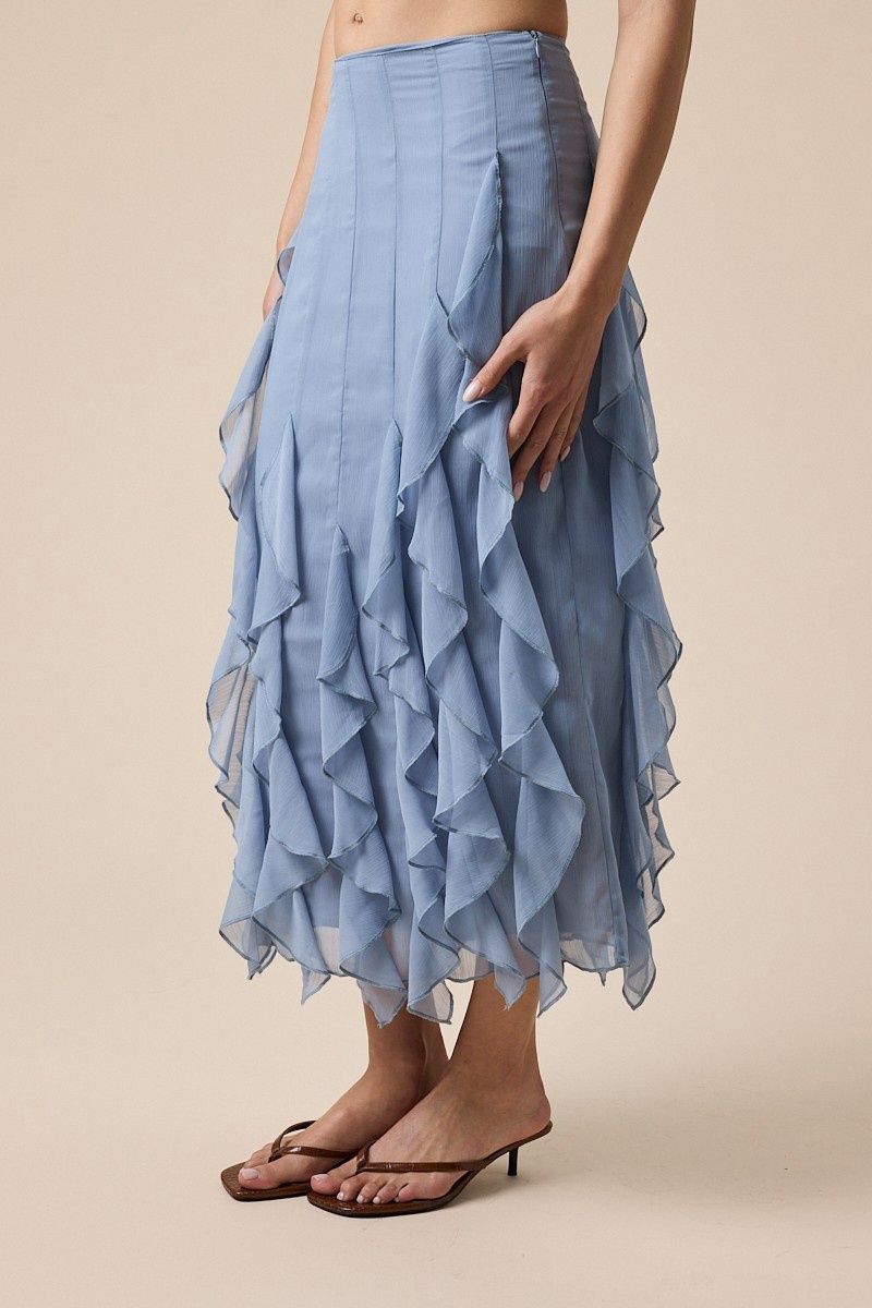 Dusty Blue Sheer High-waist Tiered Ruffle Lace Midi Skirt, Size: S