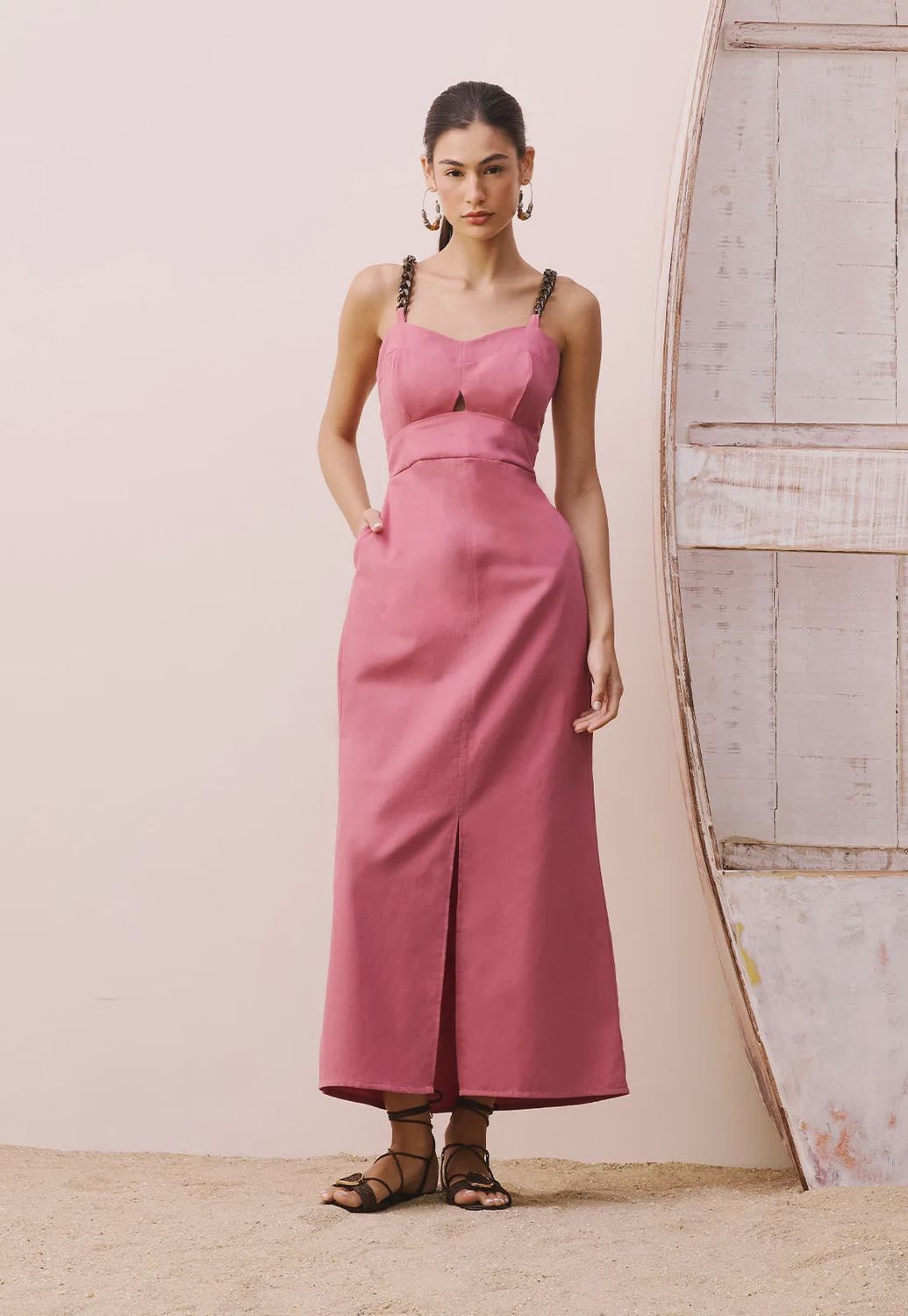 CHAIN STRAPS MAXI MIDI DRESS, Size: S