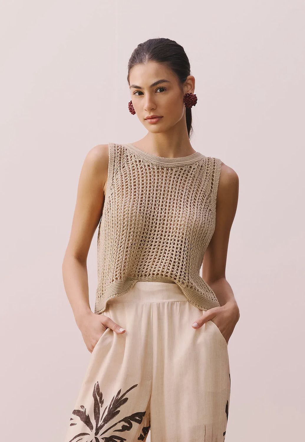 BEIGE LACE TRIMMED TANK CROPPED TOP, Size: S