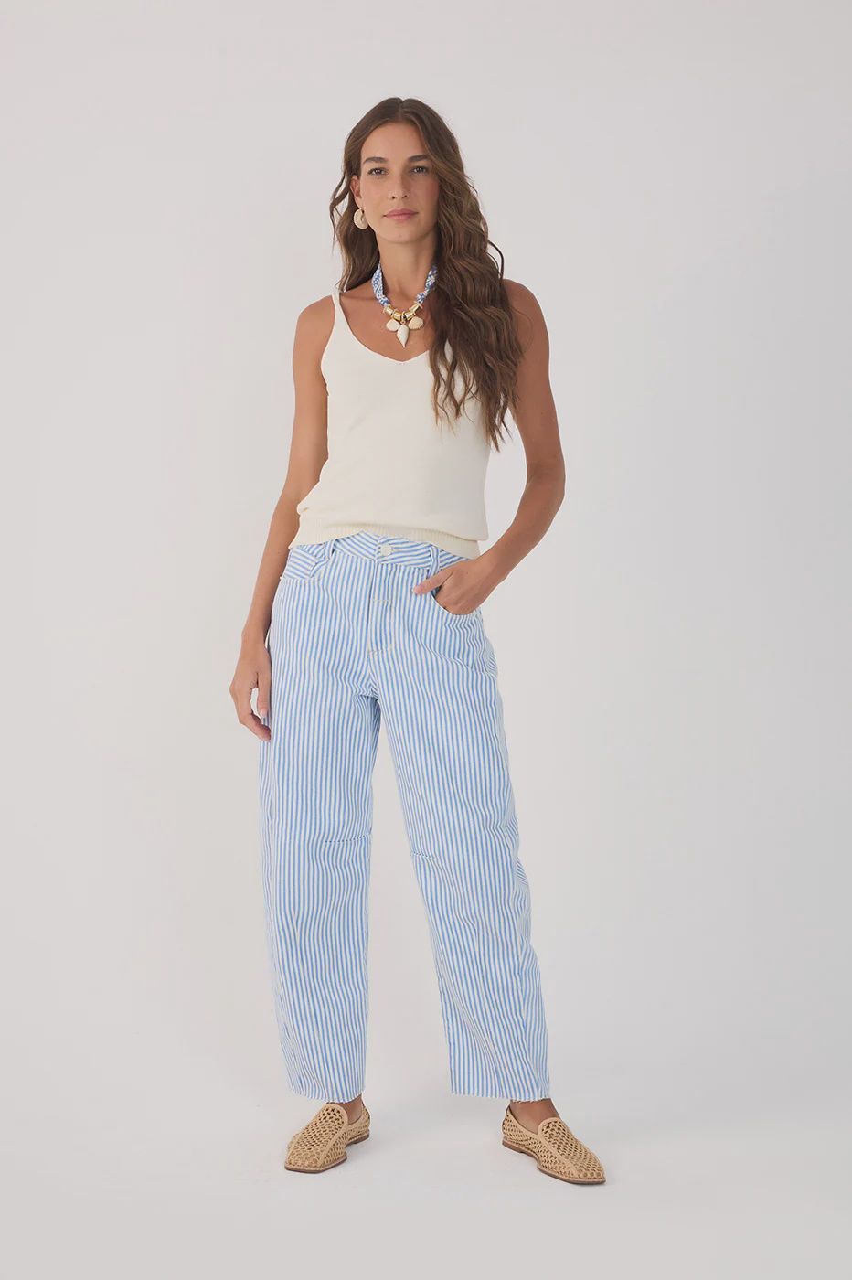 STRIPE DENIM BARREL PANTS