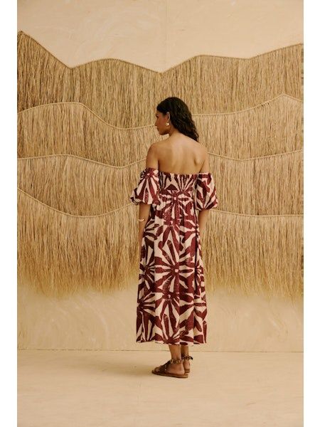 CACAO PUFFED SLEEVE PRINTED MIDI DRESS