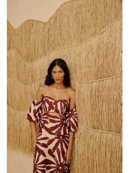 CACAO PUFFED SLEEVE PRINTED MIDI DRESS