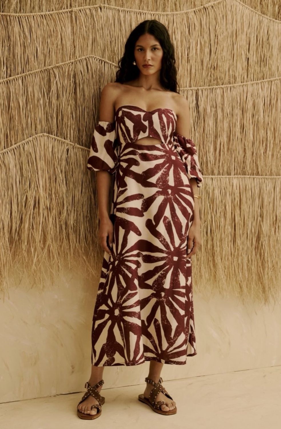 CACAO PUFFED SLEEVE PRINTED MIDI DRESS, Size: S