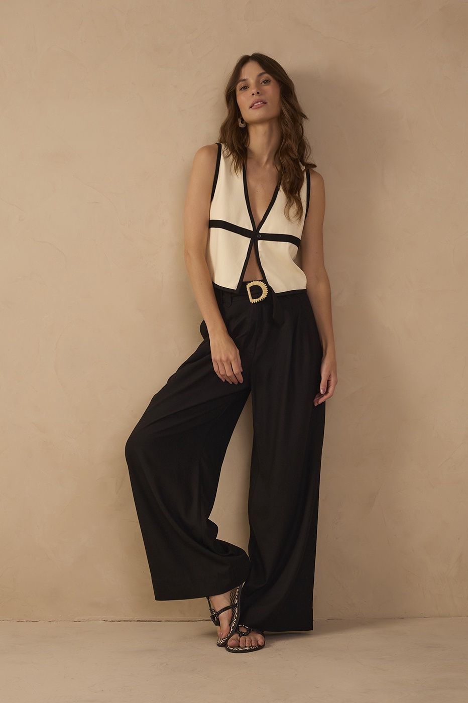 Black Embroidered Buckle Linen Wide-leg Pants