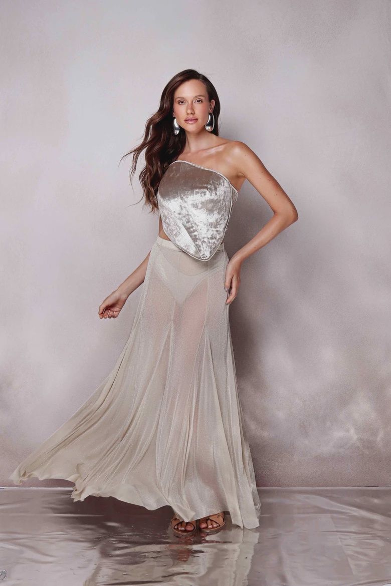 SILVER GODET PANEL SKIRT, Size: S