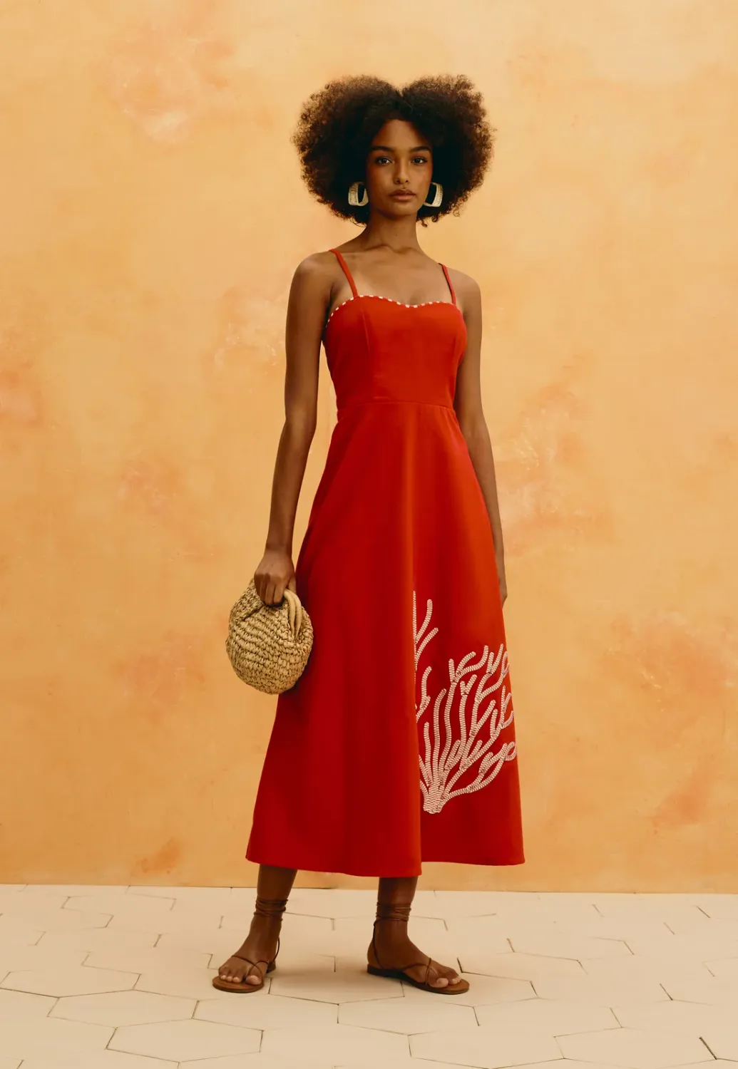 Coral Embroidered Red Dress