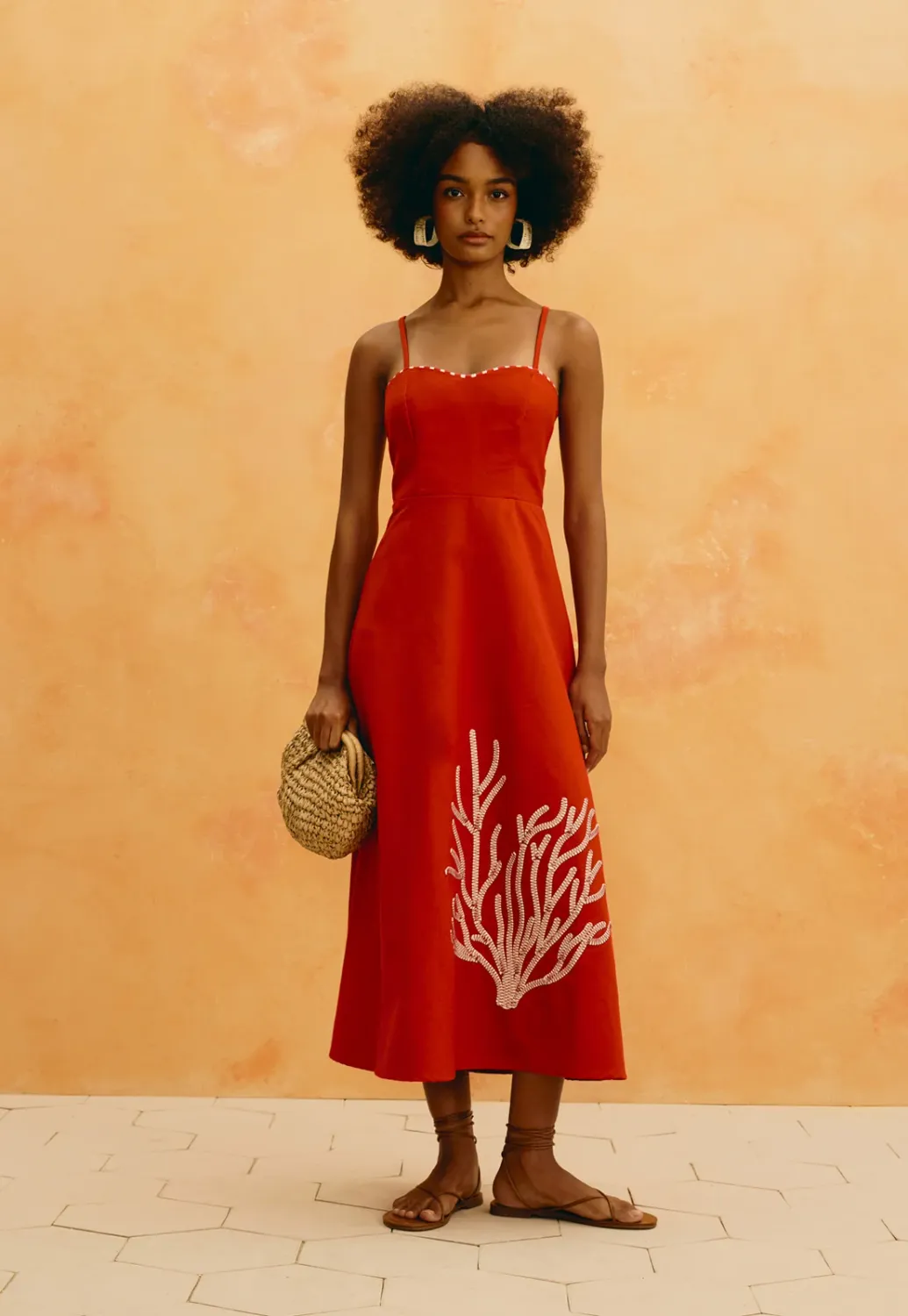 Coral Embroidered Red Dress, Size: S