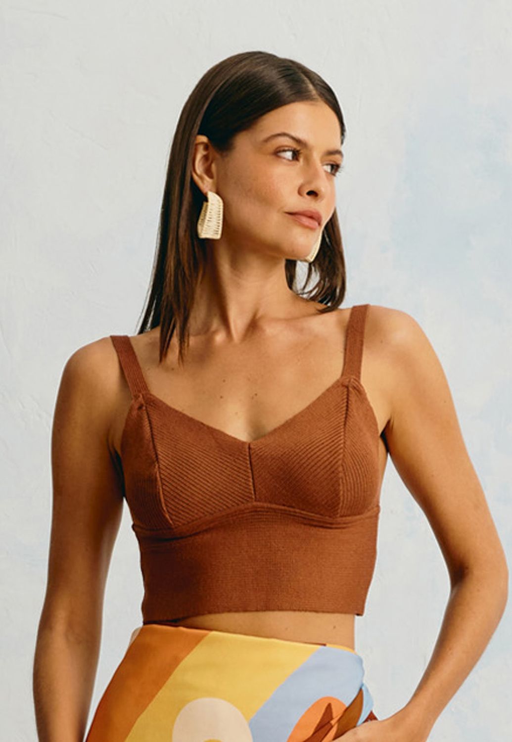 Brown Tricot Stretch Top, Size: S