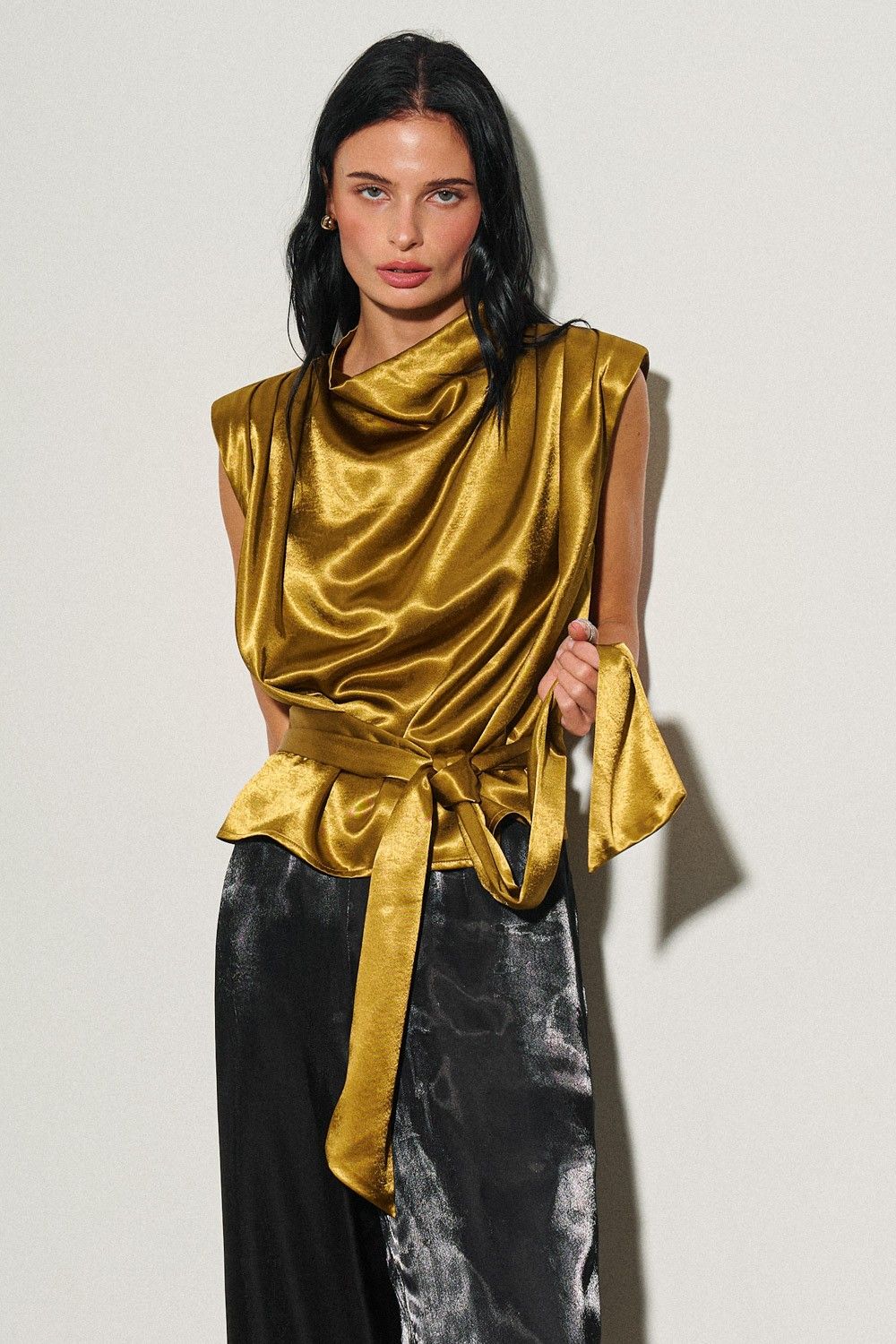 Olive Brown Satin with Shoulder Top, Size: S