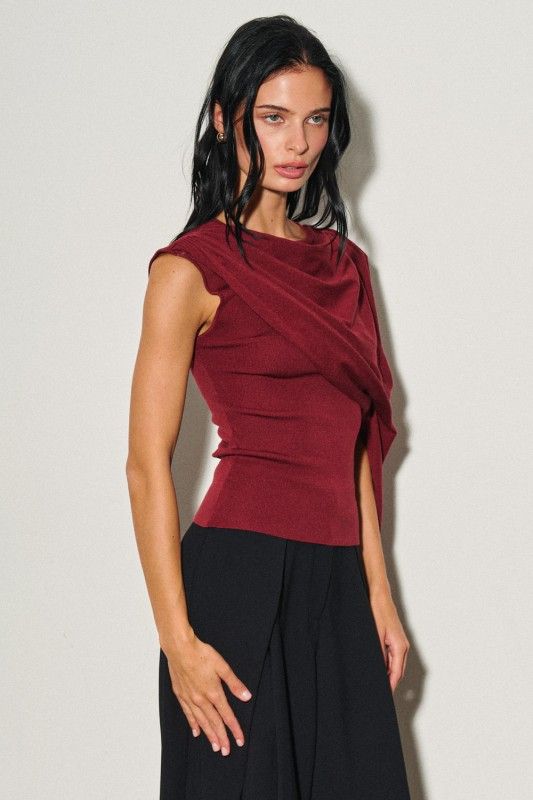 Wine  Asymmetrical Draped Scarf Top