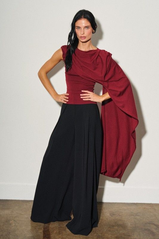 Wine  Asymmetrical Draped Scarf Top