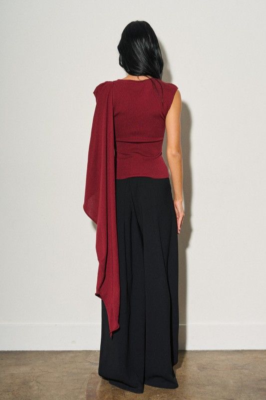 Wine  Asymmetrical Draped Scarf Top