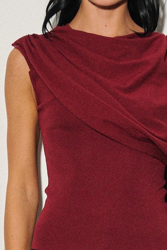 Wine  Asymmetrical Draped Scarf Top