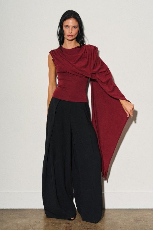 Wine  Asymmetrical Draped Scarf Top, Size: S