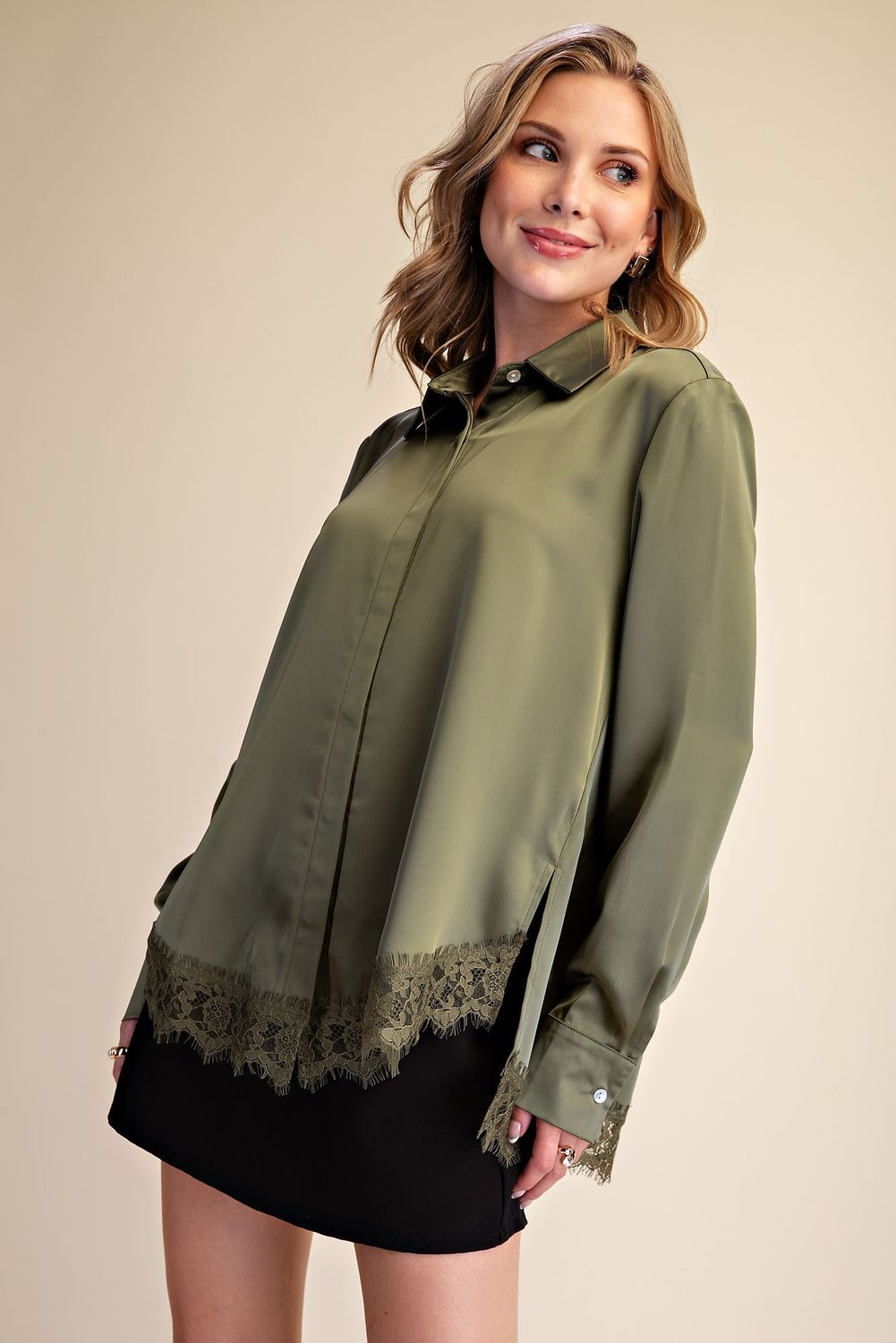 Olive Satin Lace Shirt