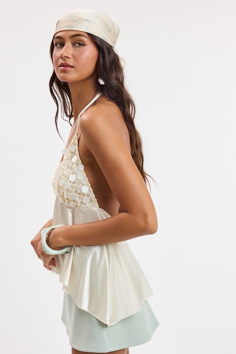 Pearl Sequin Bust Accent Satin Halter Tie Peplum Top