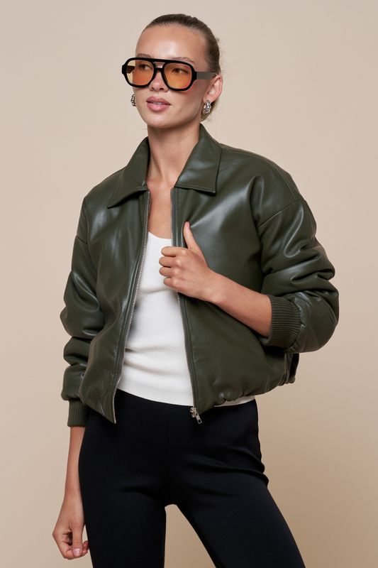 Olive Faux Leather Bubble Collared Bomber Jacket