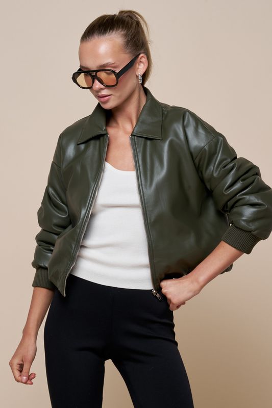 Olive Faux Leather Bubble Collared Bomber Jacket