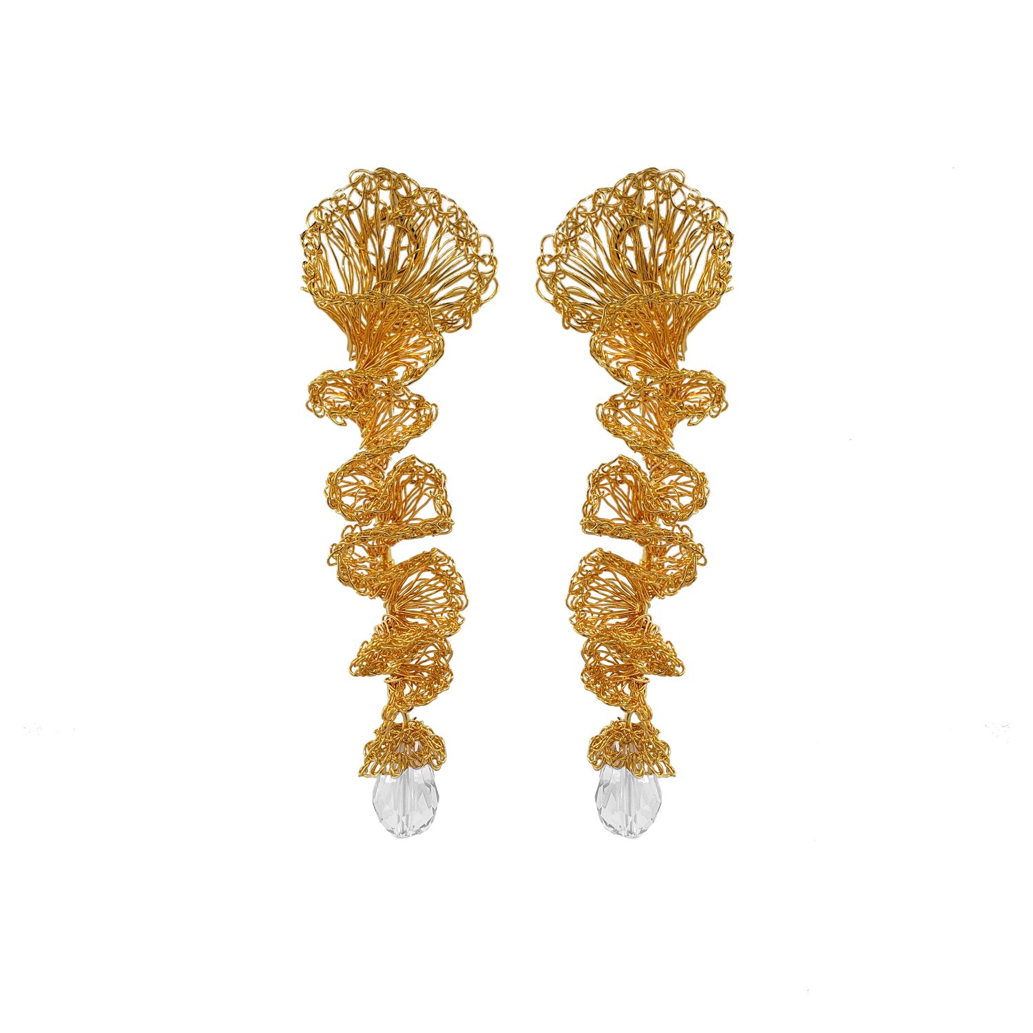 Ella Gold Clear Handmade Crochet Long  Earrings, Colour: Clear Gold
