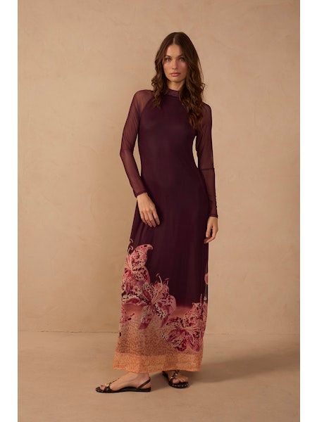 Burgundy Botanica Mesh Maxi Dress, Size: XS