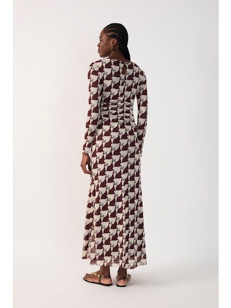 Brown Pureza Ruched Mesh Maxi Dress